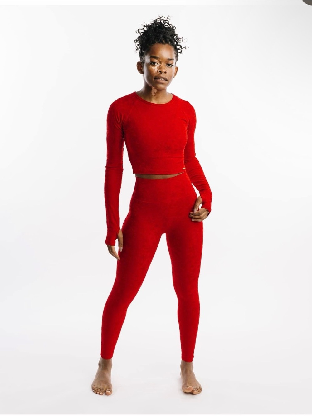 Zyia Red Snowflake Crop Long Sleeve XS NWT